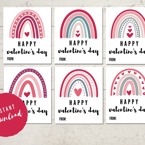 Kids Valentine's Day Card Printable, Instant Download, Rainbow Valentines