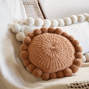 Round wool pompom cushion 30 cm - Decorative sofa cushion - Handmade craft cushion - Boho chic style decor