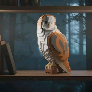 Op de afbeelding: Een gedetailleerde, gepixelde uilsculptuur in tinten wit, oranje en grijs, geplaatst op een bruine bakstenen basis. De uil wordt tentoongesteld op een houten plank tegen een donkere, vage achtergrond, wat een bosrijke omgeving suggereert. De sculptuur is gemaakt van kleine blokken.
