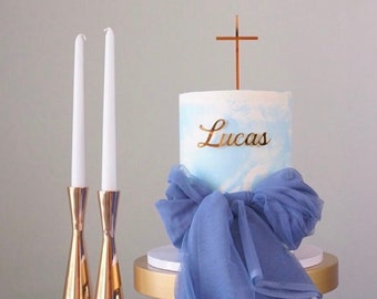 Charme de gâteau croix et nom | Miroir Acrylique Croix | Gâteau de baptême | Gâteau de baptême | Gâteau de baptême Charm God Bless Cake Topper