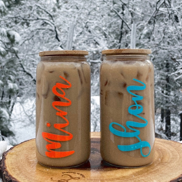 Color Changing Cups Personalized Glass Can Iced Coffee Cup Soda Beer Can Glass with Lid and Plastic Straw Valentine's Day Birthday Gift