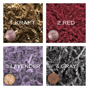 K&ouml;nnte beinhalten: Vier verschiedene Farben von Seidenpapier, beschriftet 1. Kraft, 2. Rot, 3. Lavendel und 4. Grau. Jede Farbe wird in einem Quadrat mit einem Penny darauf gezeigt.