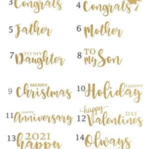 K&ouml;nnte beinhalten: Ein Blatt mit goldenen Glitzer-Grafikdesigns mit 15 verschiedenen Spr&uuml;chen, darunter "Happy Birthday", "Danke", "Herzlichen Gl&uuml;ckwunsch", "Vater", "Mutter", "An meine Tochter", "An meinen Sohn", "Frohe Weihnachten", "Frohe Feiertage", "Froher Jahrestag", "Froher Valentinstag", "Frohes Neues Jahr 2021", "Immer Ich liebe dich", und "Personalisierung".