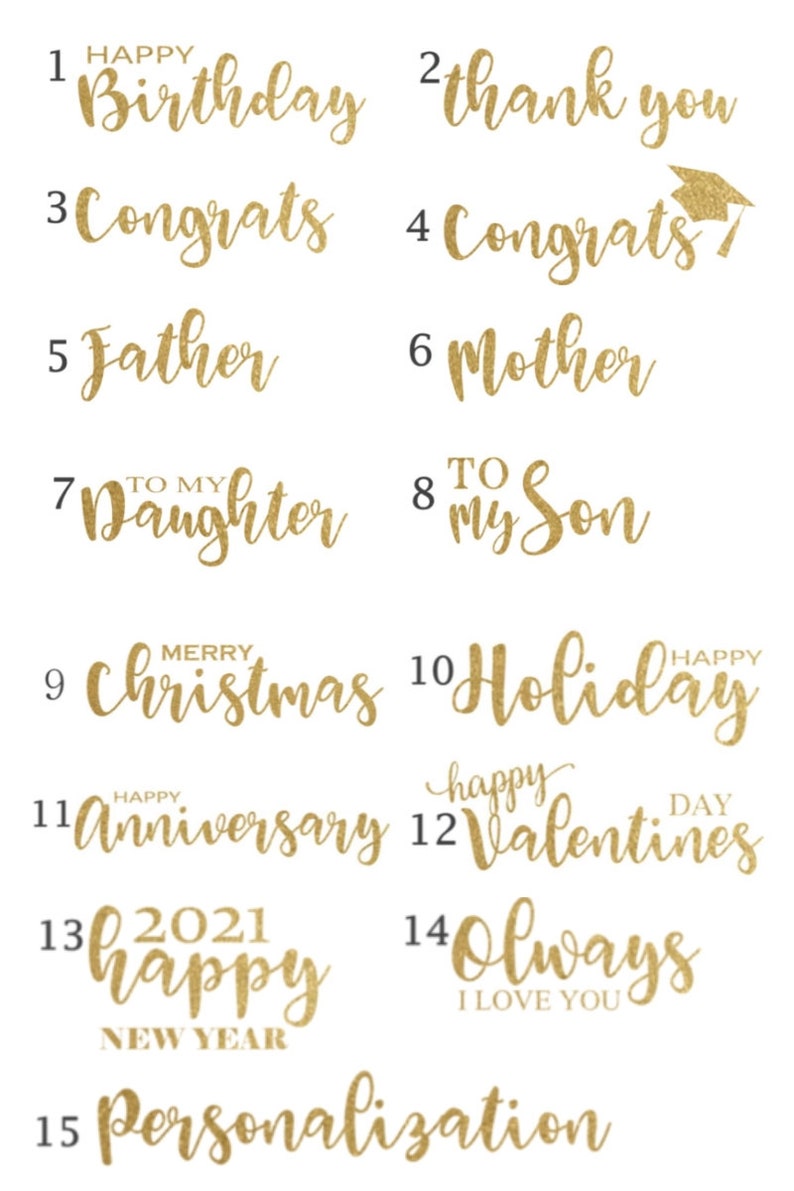 K&ouml;nnte beinhalten: Ein Blatt mit goldenen Glitzer-Grafikdesigns mit 15 verschiedenen Spr&uuml;chen, darunter "Happy Birthday", "Danke", "Herzlichen Gl&uuml;ckwunsch", "Vater", "Mutter", "An meine Tochter", "An meinen Sohn", "Frohe Weihnachten", "Frohe Feiertage", "Froher Jahrestag", "Froher Valentinstag", "Frohes Neues Jahr 2021", "Immer Ich liebe dich", und "Personalisierung".