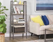 Grey Metal Wood Ladder Bookshelf Shelving Unit 4 Tier Bookcase Plant Stand Leaning Shelves Storage Rack Metal Frame 56 x 34 x 137.5cm