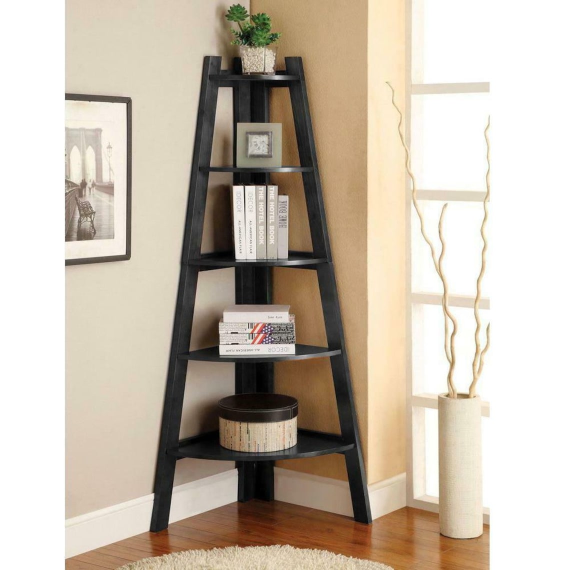 5 Tier Black Corner Ladder Shelving Unit Wall Leaning Etsy