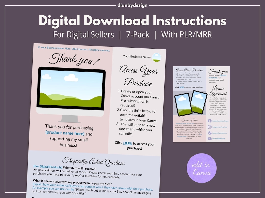Digital Download Instructions Template Bundle PLR MRR | Canva Editable ...