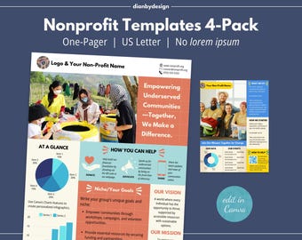 May include: A 4-pack of nonprofit templates with a blue background. The templates include a one-pager design, infographics, and a US Letter size layout. The design includes the text "Nonprofit Templates 4-Pack" and "Empowering Underserved Communities."