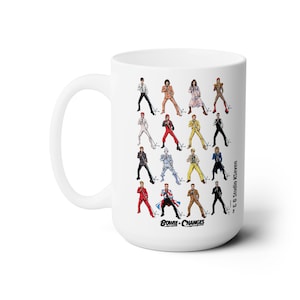 May include: White ceramic mug with a colorful illustration of David Bowie in various outfits and poses from his career. The text "Bowie Changes" is at the bottom of the mug. The text "# E 13 Studio K-Seven" is on the right side of the mug.