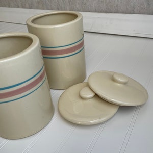 2 McCoy Stone Craft Pink and Blue Stripe Canister with Lid #4253/ McCoy Kitchen Jar and Lid/ Vintage Kitchen