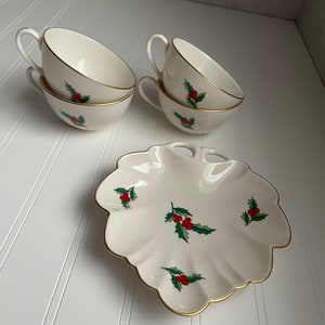 Pickard China made in USA/4 Tea Cups w Serving/ Candy Dish/Christmas Holly Berry