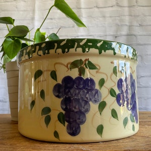 May include: A ceramic planter with a green rim and a hand-painted design of purple grapes and green vines on a cream background.