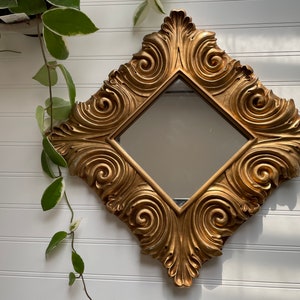 Swirled Gold / 12x14 Large Ornate Square Mirror/Scroll Detail/Wall or Table Stand