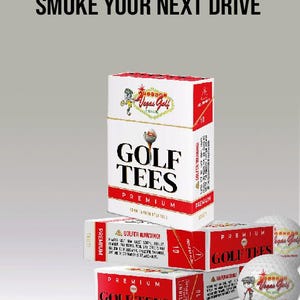 May include: Image features boxes of "GOLF TEES PREMIUM" with red and white packaging, and golf balls with the "Vegas Golf" logo. The text "SMOKE YOUR NEXT DRIVE" is at the top. A yellow golf tee is also visible.