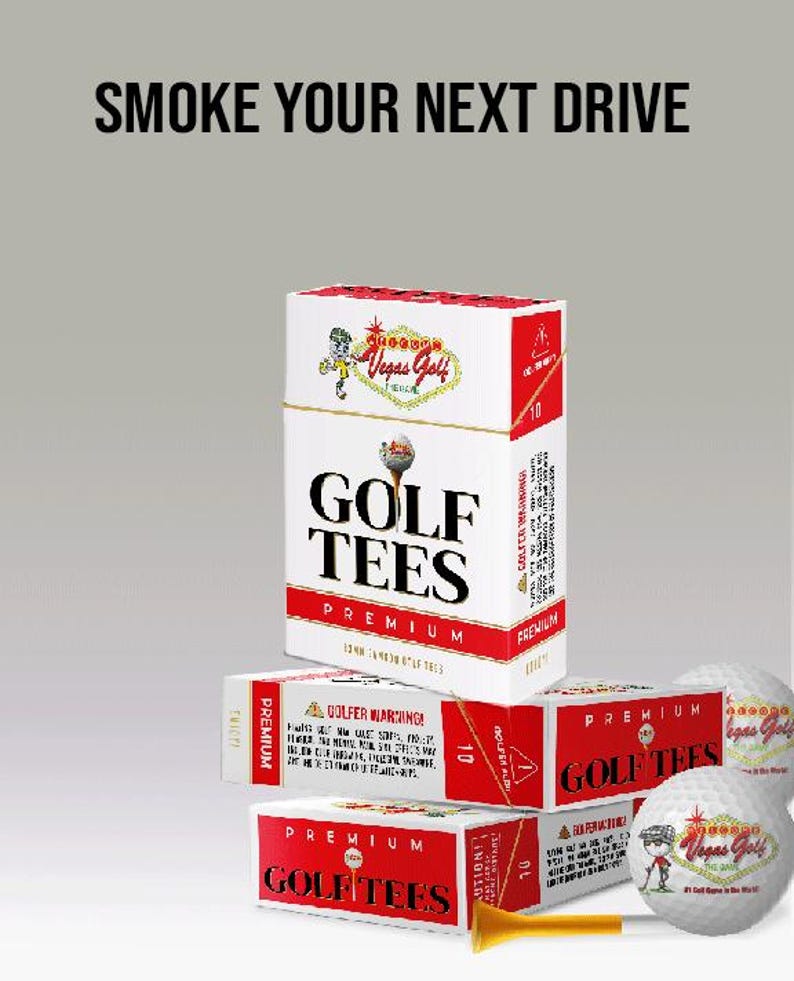 May include: Image features boxes of "GOLF TEES PREMIUM" with red and white packaging, and golf balls with the "Vegas Golf" logo. The text "SMOKE YOUR NEXT DRIVE" is at the top. A yellow golf tee is also visible.