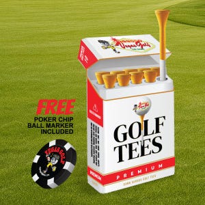 May include: A white and red box of golf tees with the text "GOLF TEES" and a golf ball graphic. The box contains orange tees and a single tee is displayed. A poker chip ball marker is included.