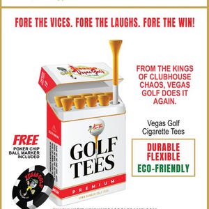 May include: A novelty golf tee set in a cigarette-style box. The box is white with black text that reads "GOLF TEES PREMIUM". The set includes yellow tees and a poker chip ball marker. The text "DURABLE FLEXIBLE ECO-FRIENDLY" is also visible.