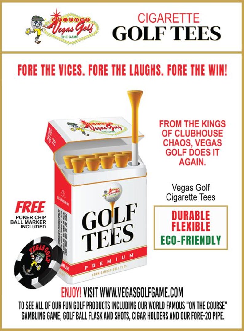 May include: A novelty golf tee set in a cigarette-style box. The box is white with black text that reads "GOLF TEES PREMIUM". The set includes yellow tees and a poker chip ball marker. The text "DURABLE FLEXIBLE ECO-FRIENDLY" is also visible.