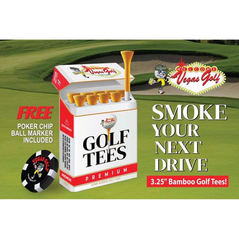 May include: A white and red box of "Golf Tees" with a golf ball logo, containing orange golf tees. The box is labeled "Premium" and "3.25" Bamboo Golf Tees!" A poker chip ball marker is included. The text "Smoke Your Next Drive" is displayed.