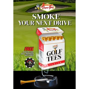 May include: A promotional image for "Vegas Golf" featuring a pack of "GOLF TEES" cigarettes with a golf course background. The pack is white with red accents and the text "SMOKE YOUR NEXT DRIVE". A poker chip ball marker is included.