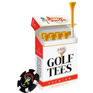 May include: A white and red box of golf tees with the text "GOLF TEES" and "PREMIUM". The box contains yellow golf tees and a golf ball tee. A black and white Vegas Golf chip is in the image.