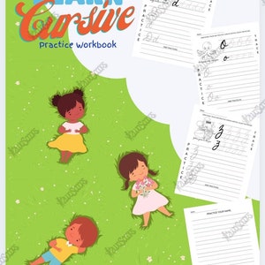 May include: A workbook titled "LEARN Cursive Practice workbook" with illustrations of children on a green background. The workbook includes cursive writing practice pages with letters and words, and coloring activities.