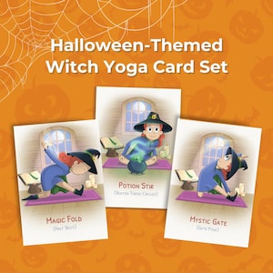 Yogakaarten magische heks voor kinderen | Yogaflow met Halloween-thema | Afdrukbare yogahoudingen voor de mindfulness en beweging van kinderen| Kamerinrichting