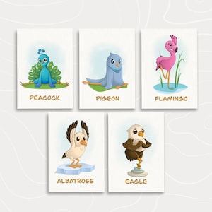 Yoga de pássaros, Yoga de animais, Cartões de ioga para crianças, Decoração de quarto infantil
