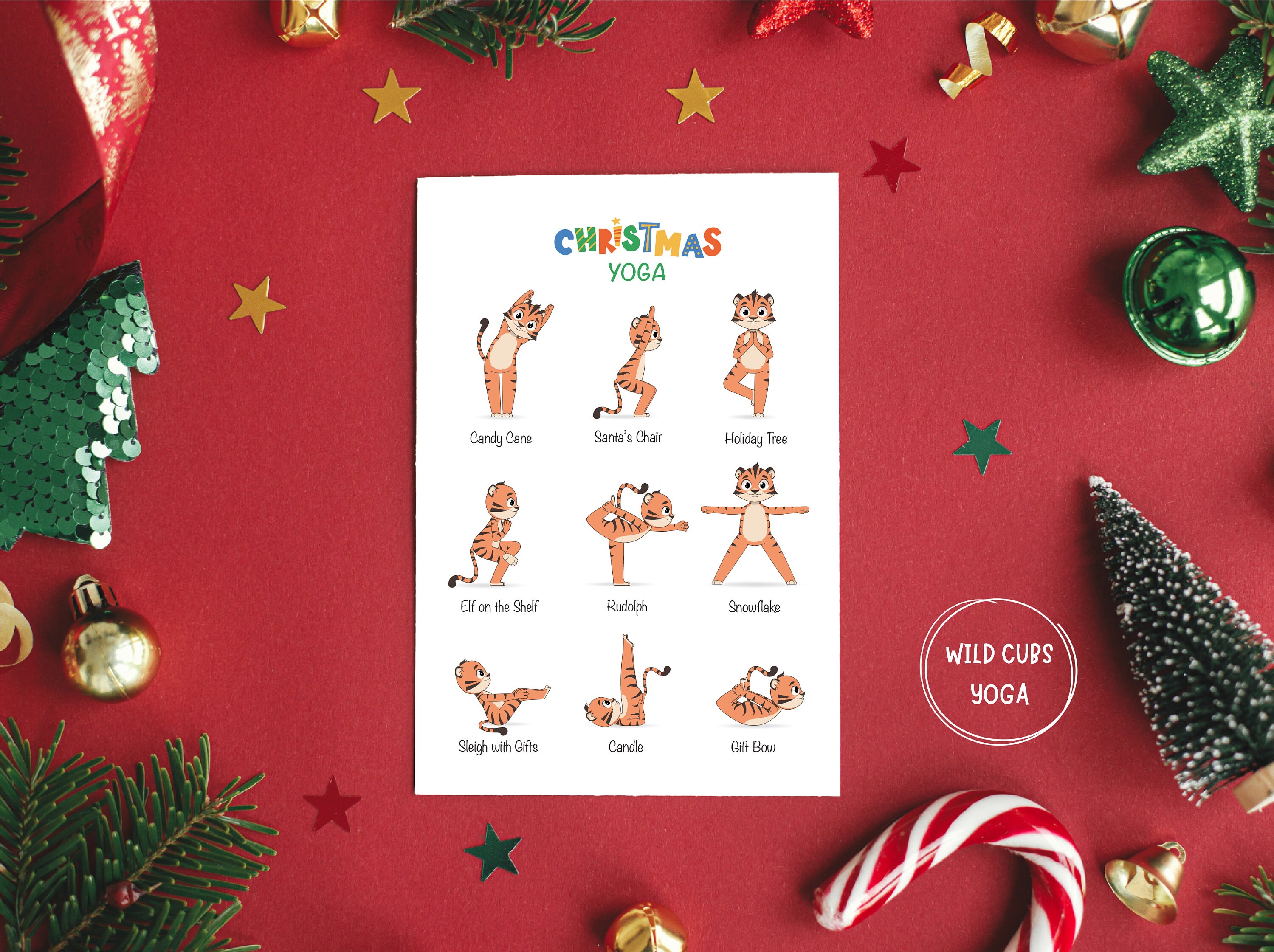 Yoga Sequence and Yoga Cards, Christmas Yoga, Kids Room Decor, Childrens Yoga Sequence