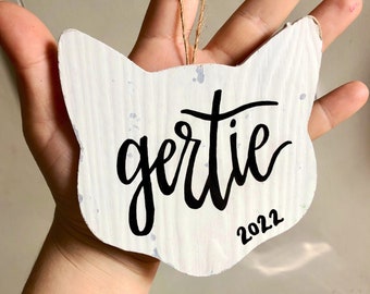 Cat Shaped Ornament | Custom Pet Ornament | Hand Lettered Ornament | Holiday Pet