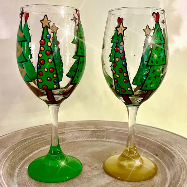 Hand Painted Christmas Tree Glass | Multicolored Christmas Tree Wine Glass | Hand Painted Wine Glass | Holiday Wine Glass | Holiday Glass