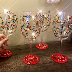 Hand Painted Christmas Lights | Christmas String Lights Wine Glass | Christmas String Lights | Holiday Wine Glass | Christmas Wine Glass