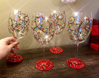 Hand Painted Christmas Lights | Christmas String Lights Wine Glass | Christmas String Lights | Holiday Wine Glass | Christmas Wine Glass