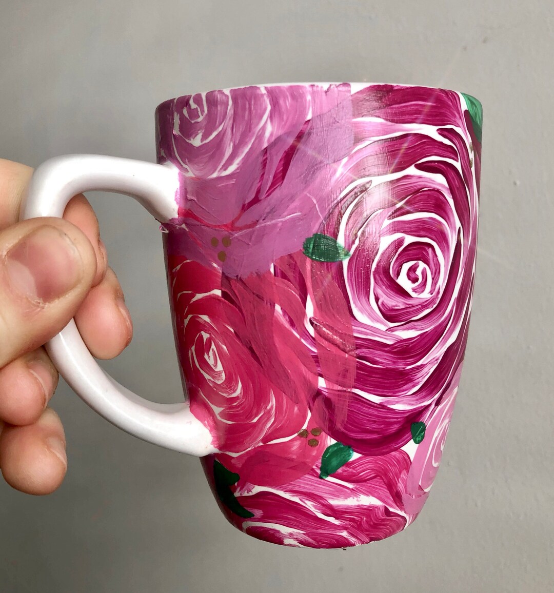 Hand Painted Rose Ceramic Mug | Pink Blue Floral Drinkware - Etsy