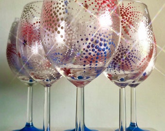 July Fourth Fireworks Hand Painted Wine Glasses Set of 2 - 21 Oz. New Years  Eve Independence Day July 4th Red White & Blue Painted Glassware - Etsy