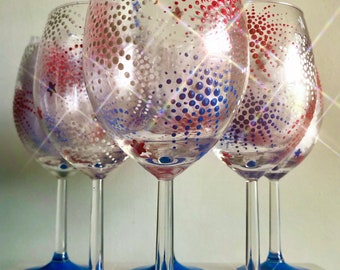 Hand Painted Fireworks Wine Glass | Firework Glass | Fourth of July Wine Glass | 4th of July | Patriotic Wine Glass | USA Wine Glass