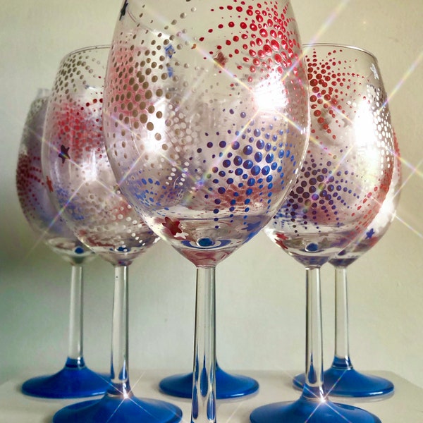 Hand Painted Fireworks Wine Glass | Firework Glass | Fourth of July Wine Glass | 4th of July | Patriotic Wine Glass | USA Wine Glass