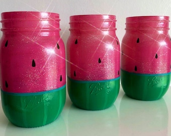 Tarro de cristal Mason pintado a mano con diseño de sandía / Organizador de vasos de pinta