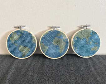 Globe (set of 3) cross-stitch - embroidered hoop art