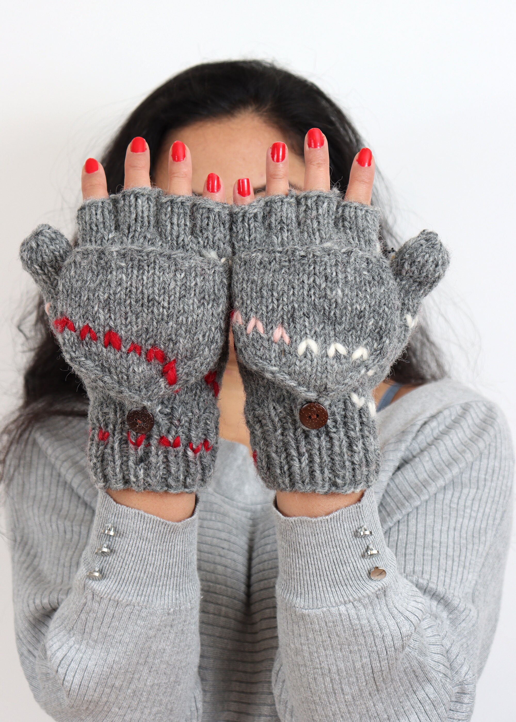 Hand Knitted Pretty Fleece Lined Wool Fingerless / Mittens Etsy UK