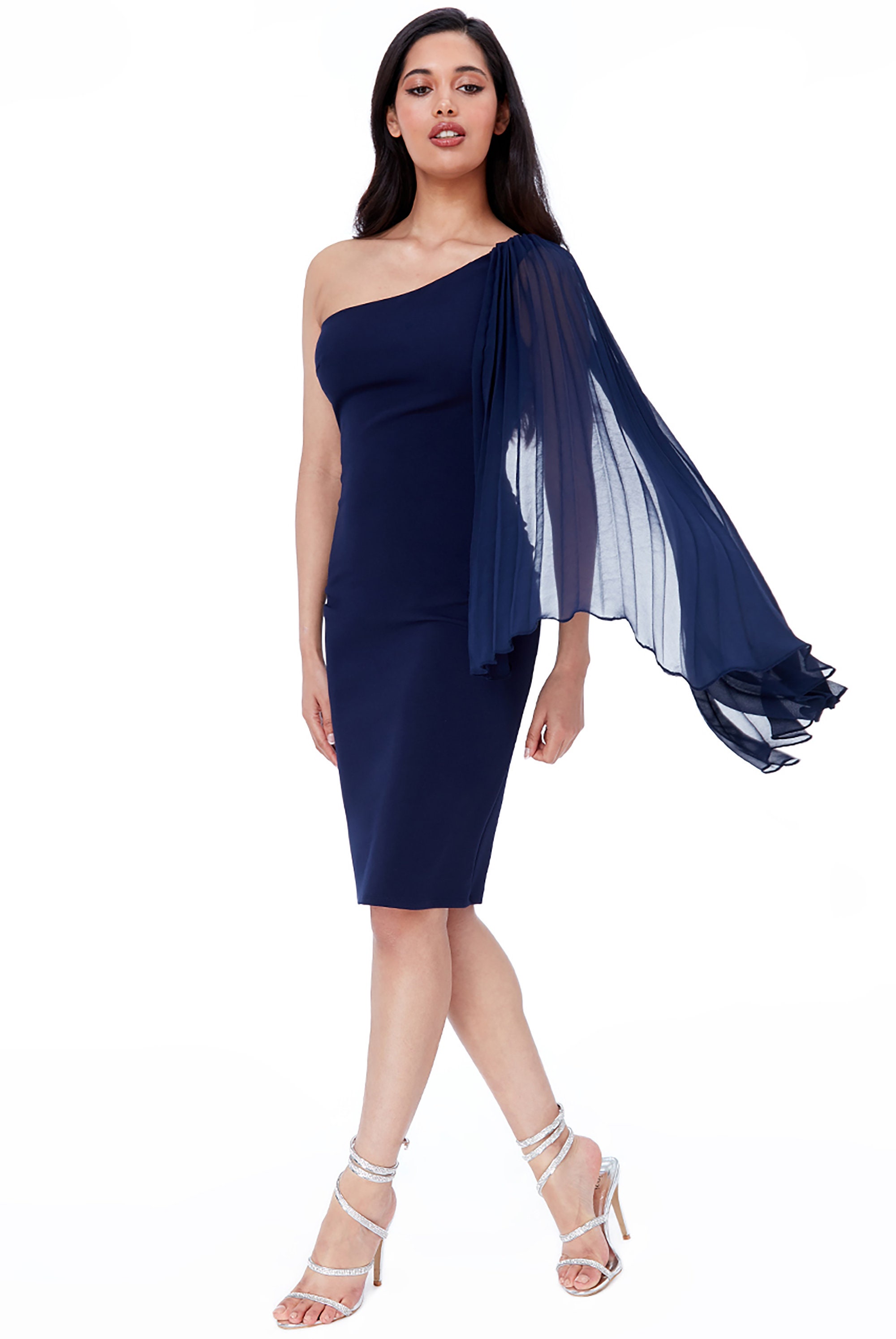Bodycon Navy Blue One Pleated Shoulder Dress Wedding Party Etsy