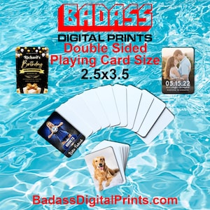 May include: A set of 2.5x3.5 inch double-sided playing cards with a white background. The cards are shown in a fan shape with a few examples of designs on the front and back of the cards. The designs include a birthday invitation, a wedding invitation, a sports photo, and a photo of a dog.