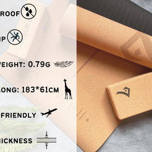May include: A brown cork yoga mat with a black stripe and a black logo. The mat is rolled up and a brown cork yoga block is next to it. The mat is 5 mm thick and is 183 cm by 61 cm. The mat is waterproof, anti-slip, lightweight, and travel-friendly.