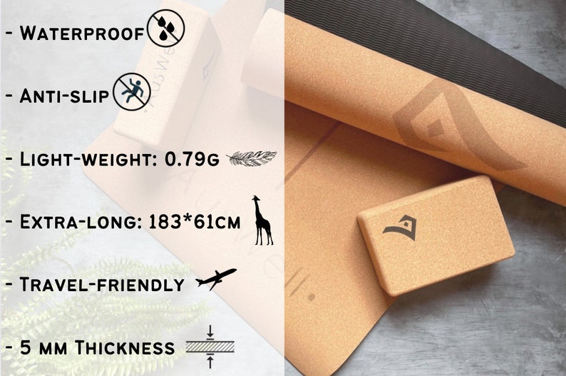 May include: A brown cork yoga mat with a black stripe and a black logo. The mat is rolled up and a brown cork yoga block is next to it. The mat is 5 mm thick and is 183 cm by 61 cm. The mat is waterproof, anti-slip, lightweight, and travel-friendly.