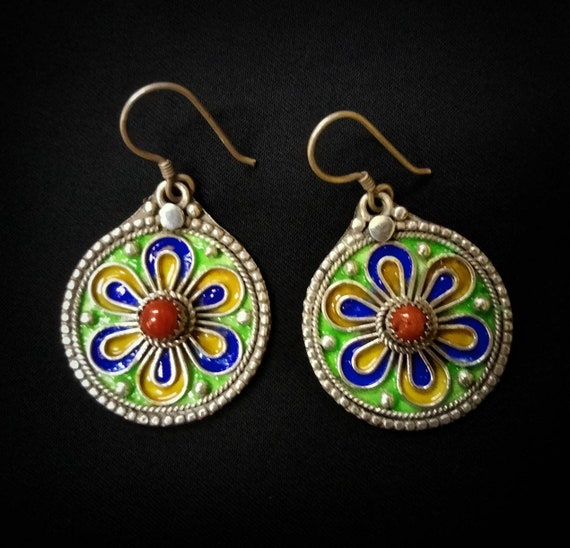 Boucles D'oreilles Berbères Vintage En Argent Et émaux - Origine Algérie - Occasion
