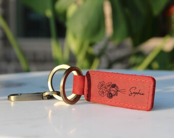 Personalized Custom with Birthday Flowers & Custom Name Genuine Leather Keychain Custom Birth Flower Gift for Girl Boy Gift Leather Keychain