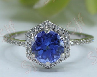 2.20 ct AAA natural violet  blue tanzanite gemstone engagement wedding ring, December birthstone ,round tanzanite halo ring yellow gold ring