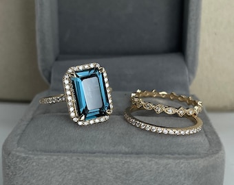 2.25 ct AAA London blue topaz gemstone engagement silver ring * three ring set* 8x12 emerald cut blue topaz ring * bridal ring set wife gift