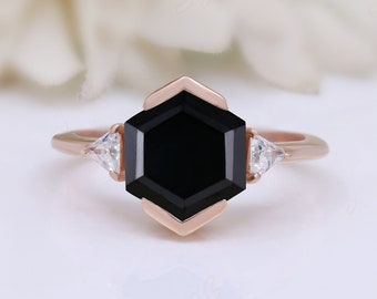 Natuurlijke zwarte onyx zeshoek steen vrouwen bruids verlovingstrouwring 14K roségoud 925 zilver statement belofte art deco ring voor haar