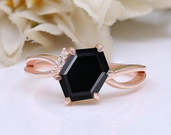 Natuurlijke zwarte onyx zeshoek steen vrouwen bruids verlovingsring trouwring 14K Rose goud 925 zilveren verklaring belofte Art Deco ring voor haar